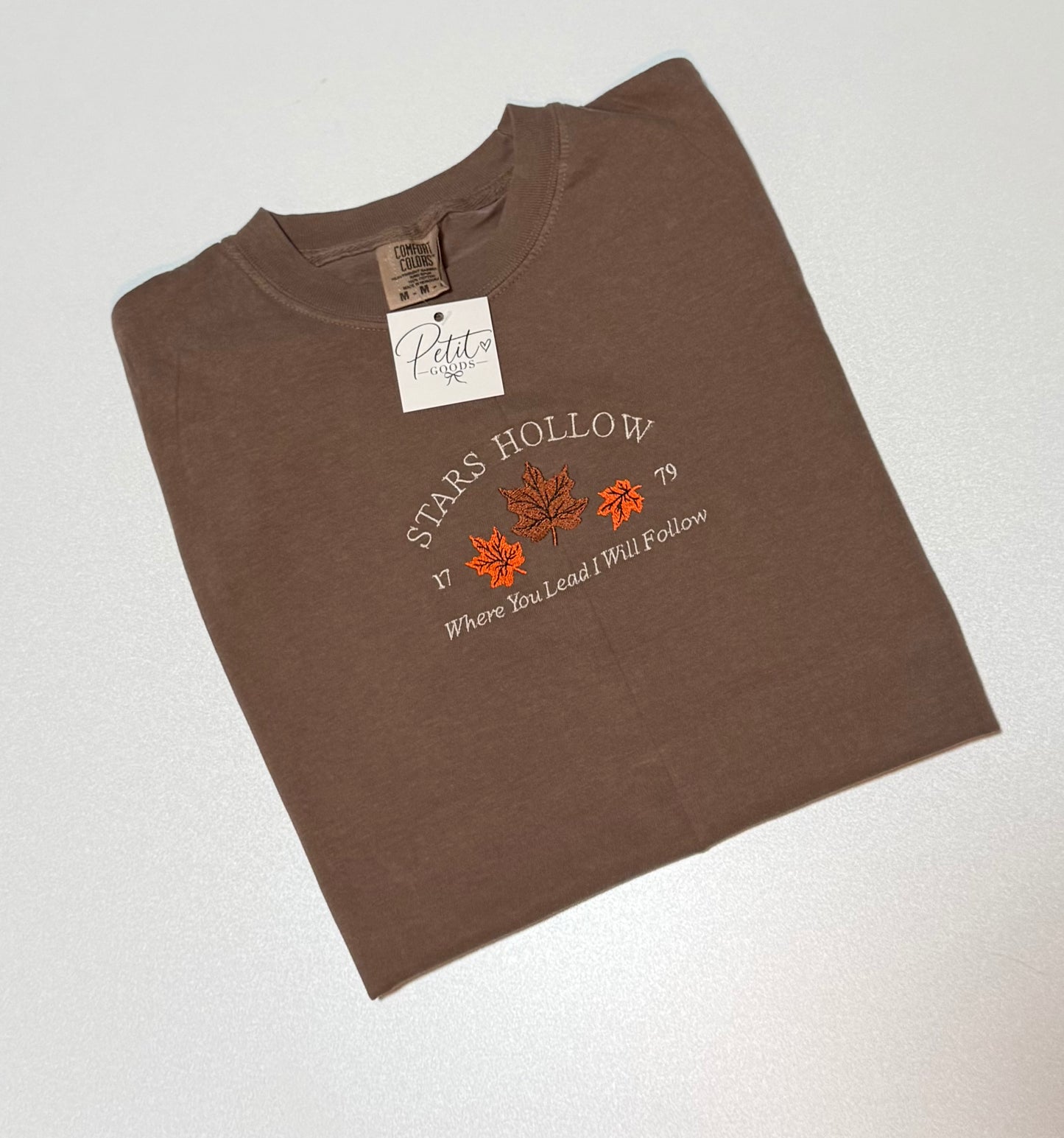 Brown embroidered tee with Stars Hollow autumn design