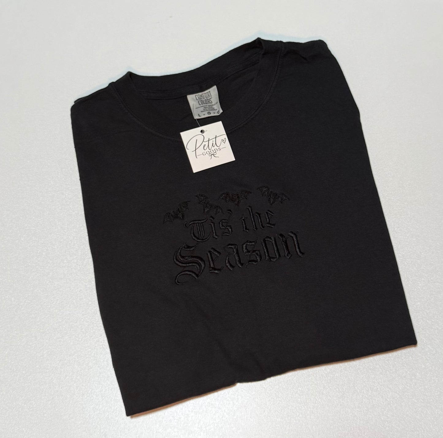 Black embroidered tee with Tis the Season design