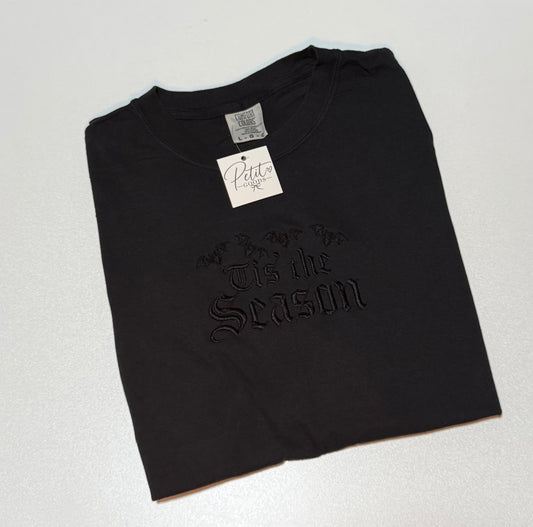 Black embroidered tee with Tis the Season design