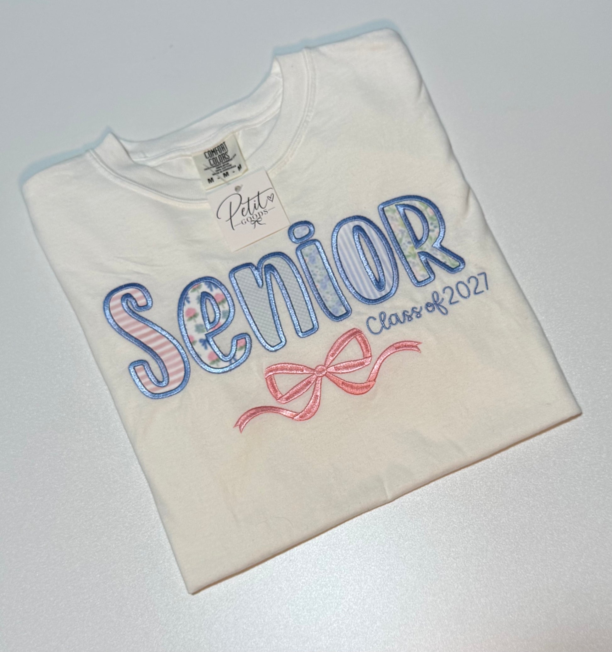 White embroidered shirt with Senior Class of 2027 design