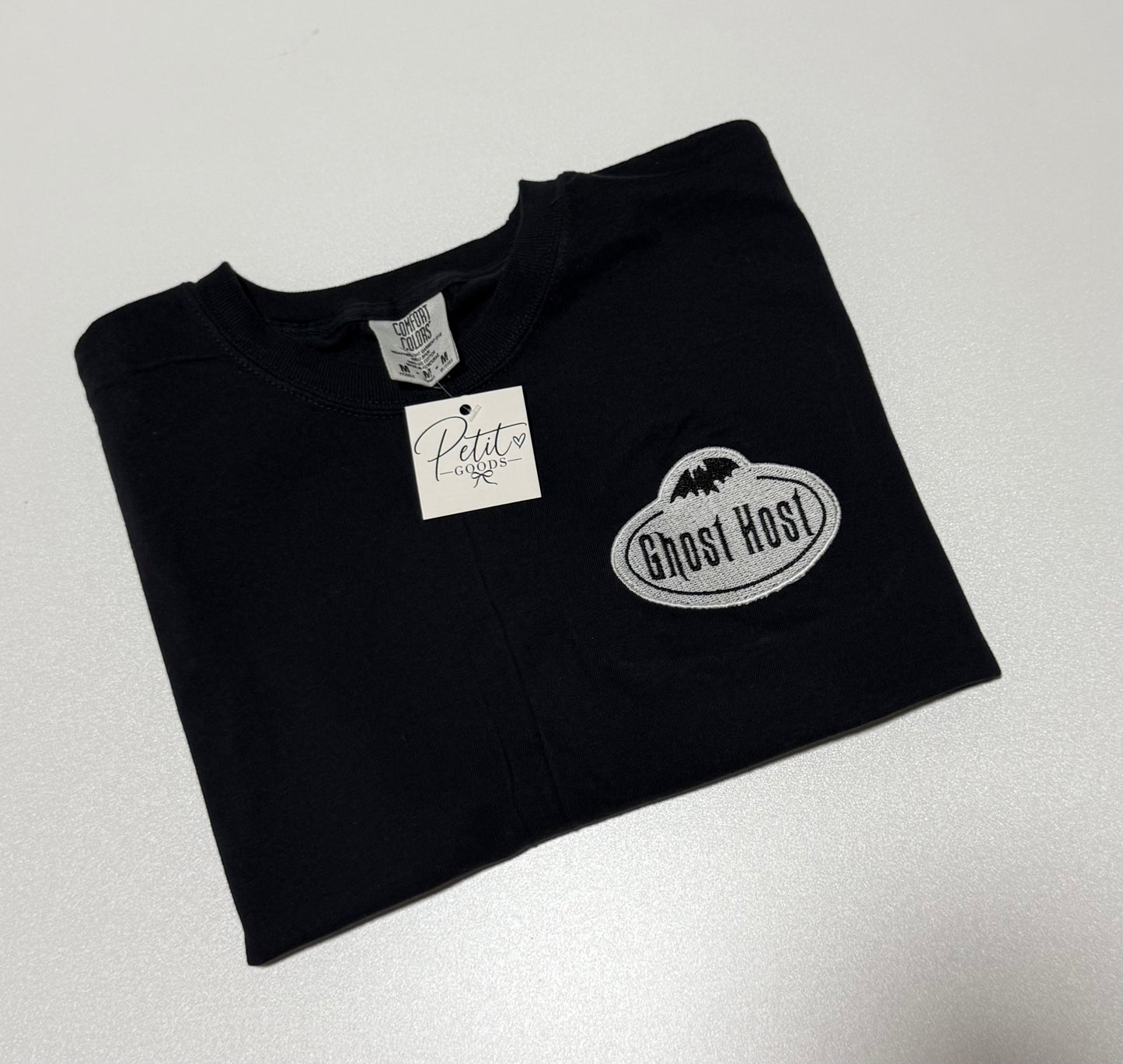 Black embroidered shirt with Ghost Host design