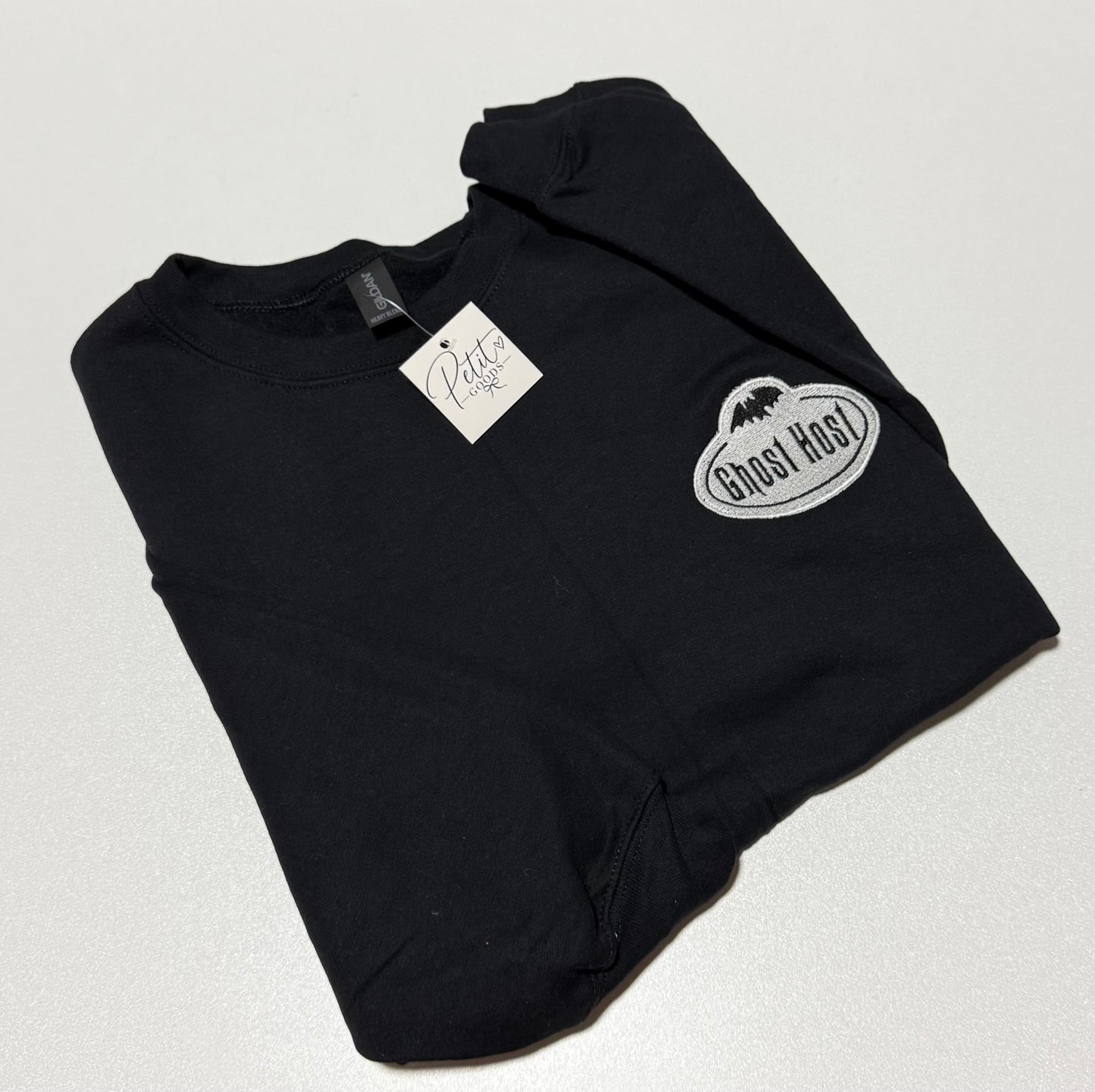 Black embroidered sweatshirt with Ghost Host design