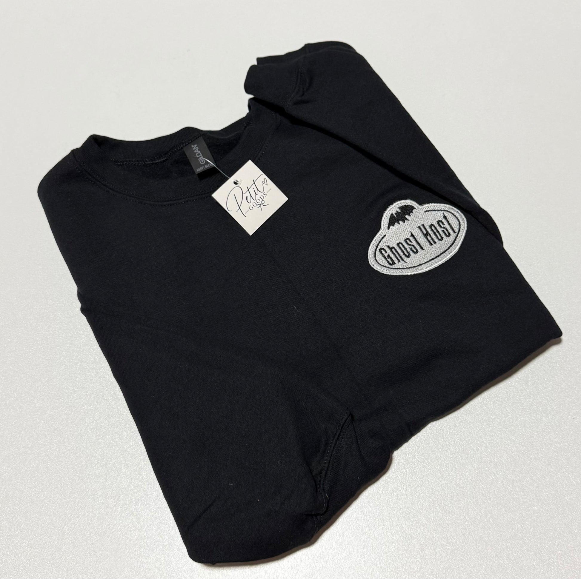 Black embroidered sweatshirt with Ghost Host design